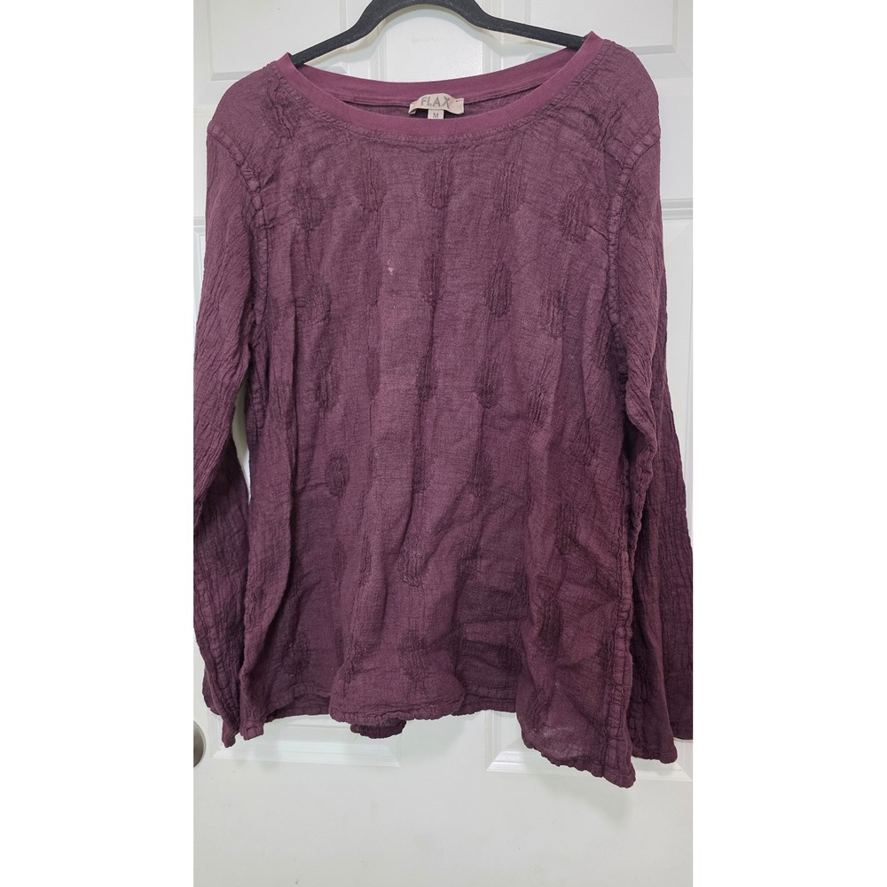 FLAX Textured Linen Blend Long Sleeve Top Women's M Purple Scoop Neck Lagenlook